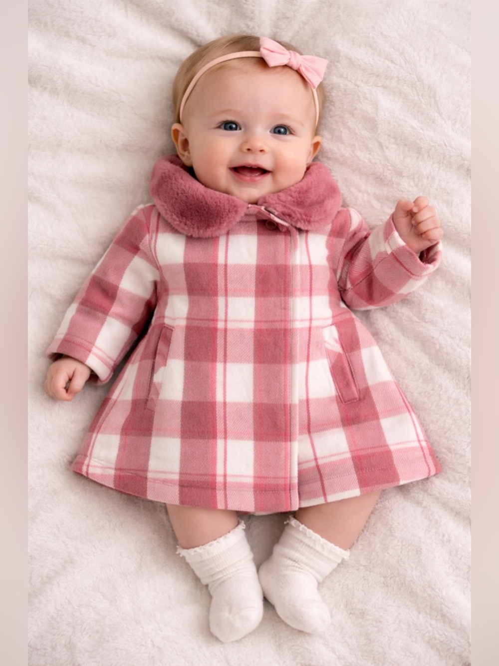 Baby’s Pink Plaid Baby Coat with Faux Fur Collar